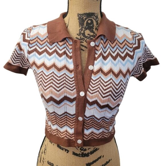 Princess Polly Idris sweater top, size XS/Small, button front, collar, brown - Picture 2 of 4